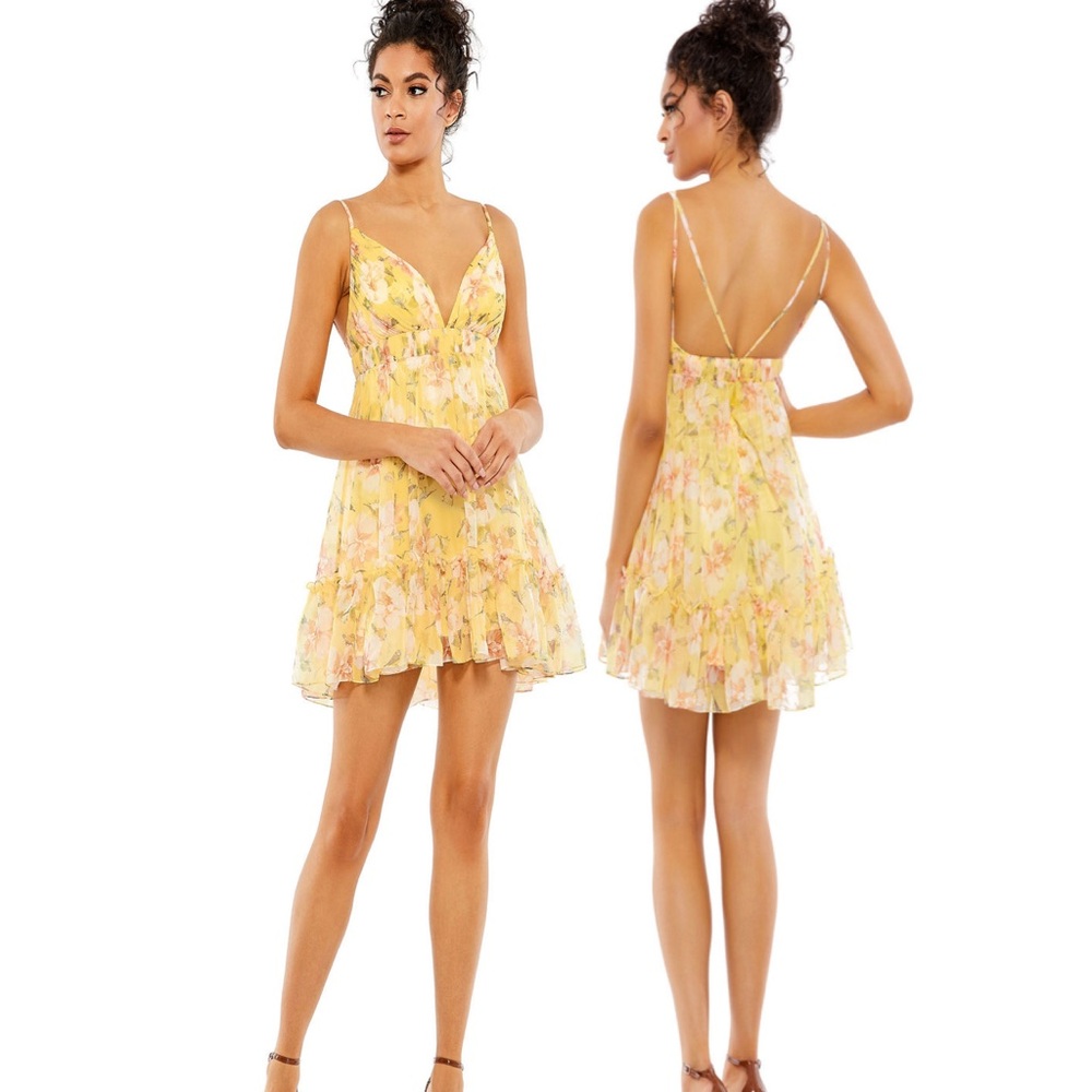 Mac Duggal NEW chiffon 70240 A Line Mini dress butter yellow tiered ruffle XS s0